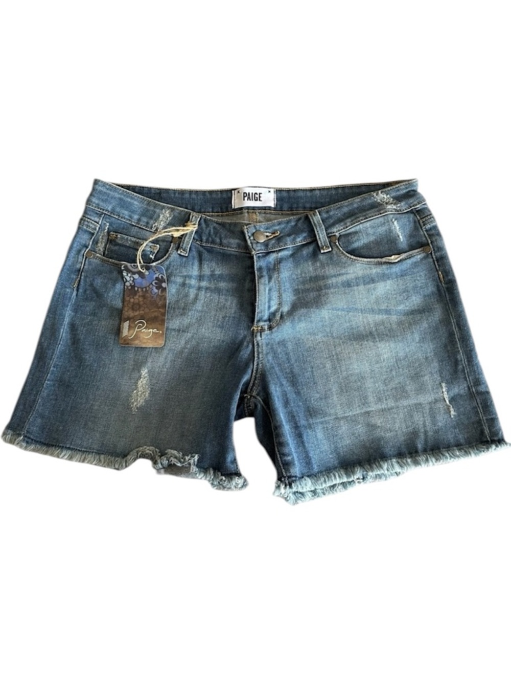 PAIGE Julian Low Rise Distressed Raw Hem Jean Shorts Medium Blue Wash Sze 29 NWT